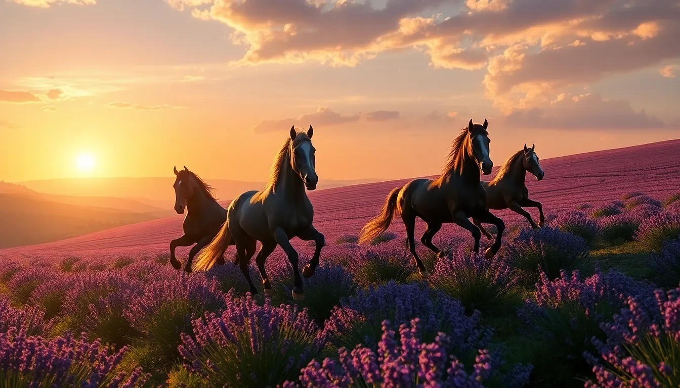“Wild horses galloping across rolling lavender fields in Provence, long shadows, sun just kissing horizon, motion blur on hooves, photographic, panoramic view”