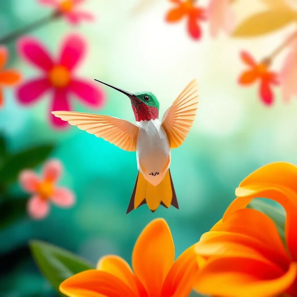 A hummingbird hovering near vibrant tropical flowers, bokeh light effects in the background.