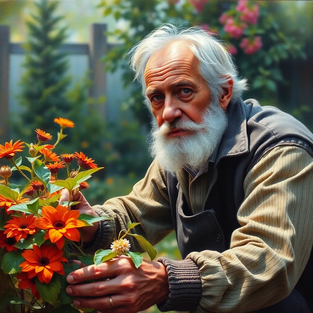 Old man taking care of  his garden, oil painting
