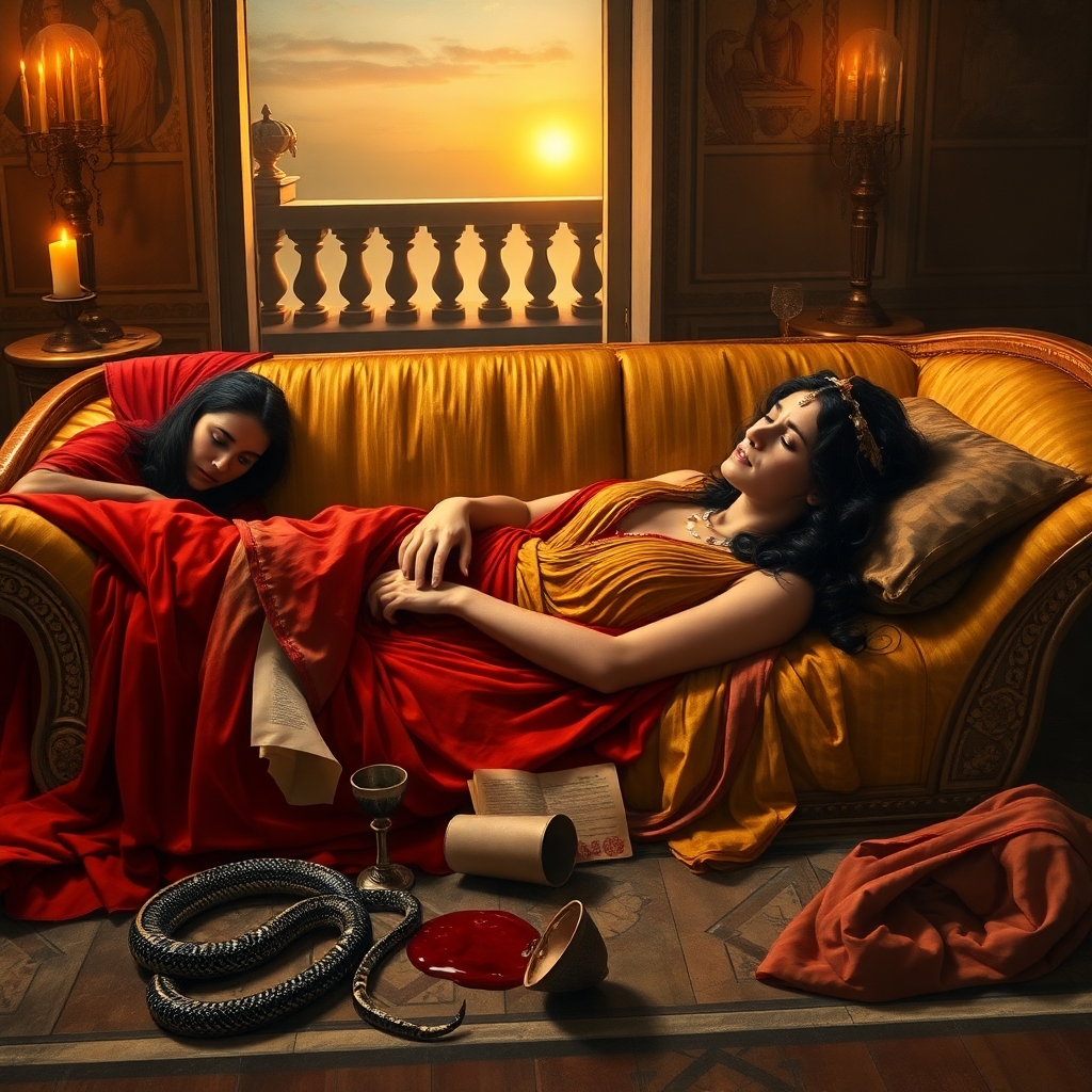 A dramatic, emotionally charged scene of Cleopatra VII's suicide in her Alexandrian palace, 30 BCE. The last Pharaoh of Egypt, a beautiful yet weary woman with Hellenistic features (copper skin, wavy black hair, a diadem resting askew on her brow), lies lifeless on a golden couch, draped in sheer crimson and gold linen. A small, venomous Egyptian cobra slithers away from her bare arm, its bite marked by twin punctures. Her hand clutches a rolled papyrus scroll—Caesar’s sealed letter—while a shattered goblet spills wine like blood onto the mosaic floor. Around her, two distraught handmaidens (one Nubian, one Greek) collapse in grief, their robes disheveled, one holding a discarded asp basket. The opulent chamber is bathed in torchlight, its Ptolemaic frescoes fading into shadow as dawn breaks through the balcony, symbolizing Rome’s impending conquest. The composition echoes Baroque paintings—rich colors, chiaroscuro lighting, and tragic grandeur.