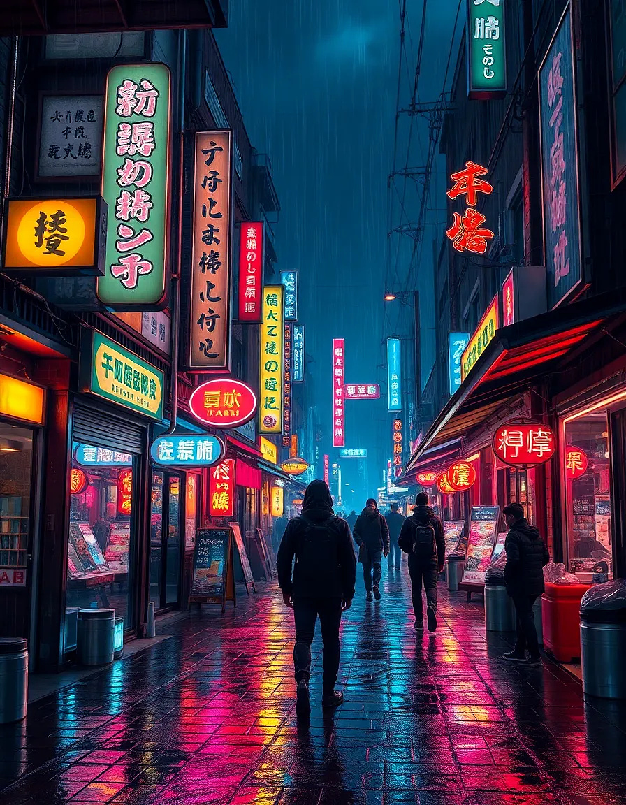 A cyberpunk street market at night, glowing neon signs in Japanese, futuristic outfits, rain and mist in the air, bold neon punk color palette.