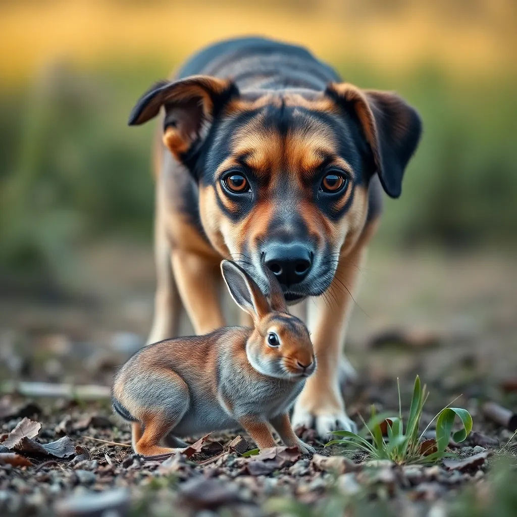 Dog hunting a rabbit
