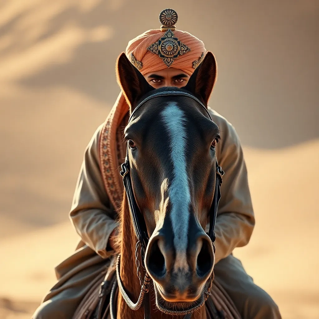 Moroccan prince riding horse, "negative prompt": "mdium shot, close-up shot"
