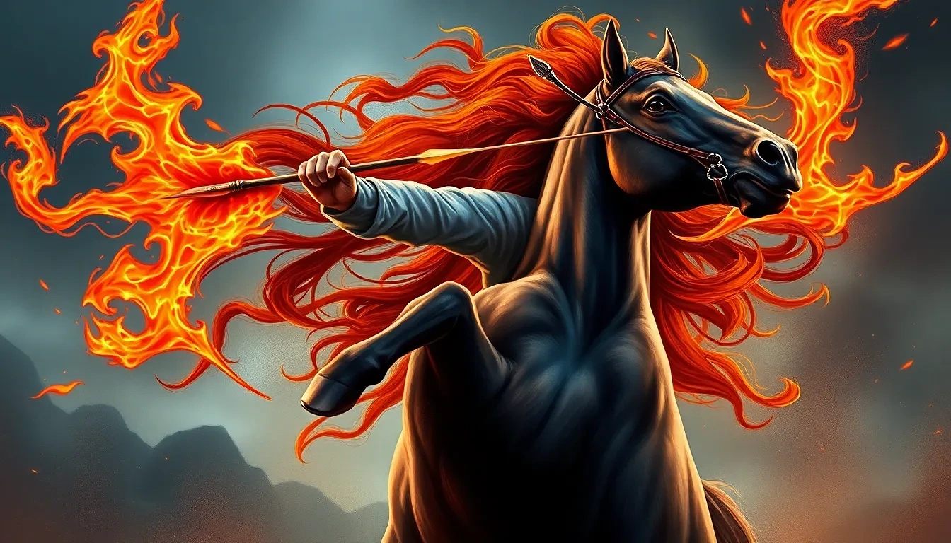 “Merida loosing a flaming arrow that splinters a target mid-gallop, stallion rearing, her hair a wild crimson blaze, fierce independence”