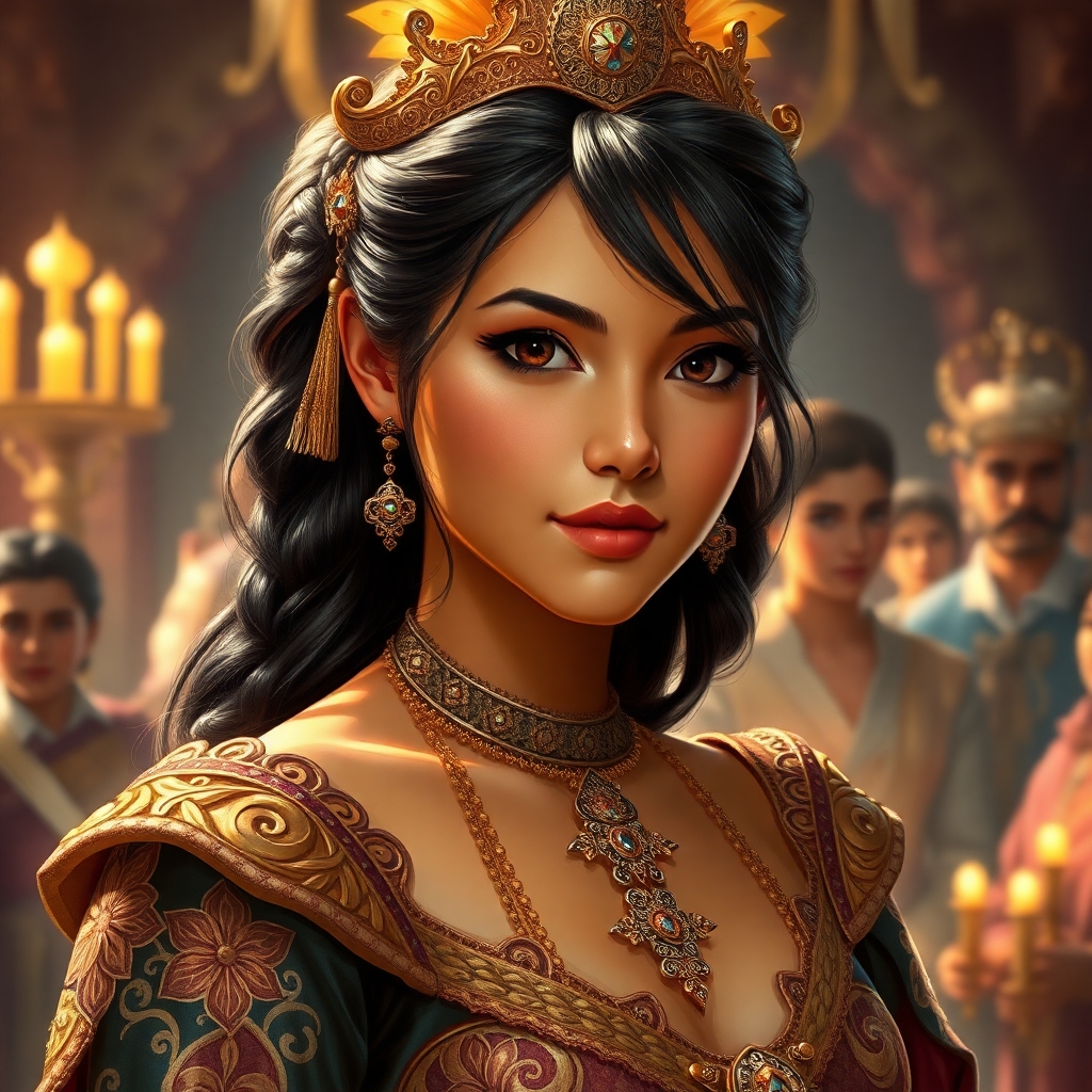 Woman with round face, 35 years old, light brown skin, dark brown hair, brown eyes, wearing Glorious clothes in her marriage ceremony and greeting gests