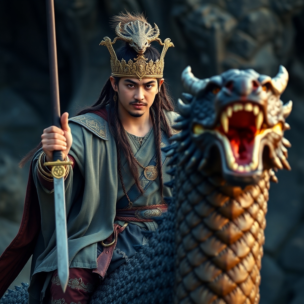 Ancient prince holding a sword and riding dragon, ultra realistic, medium shot