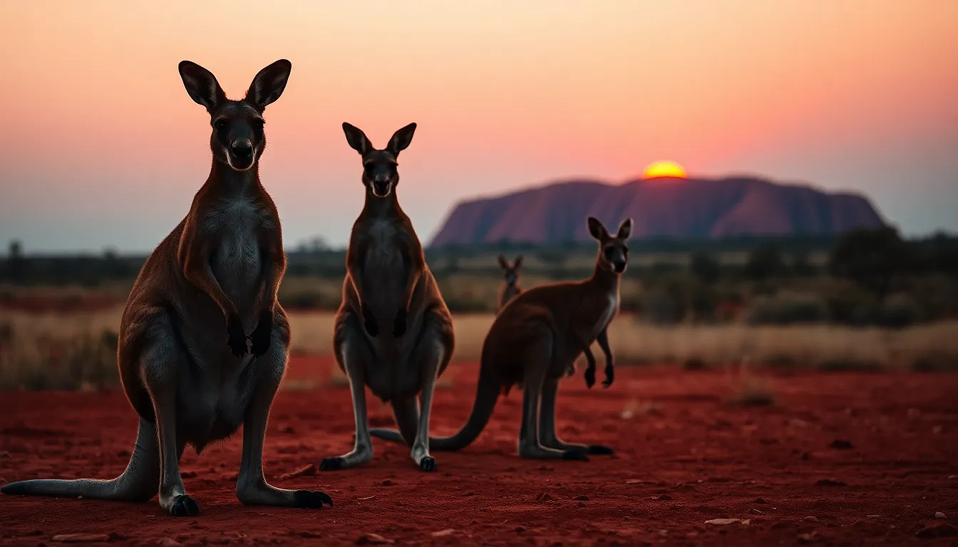“Kangaroos silhouetted against outback sunset, Uluru glowing crimson on horizon, dusty red earth foreground, photographic, panoramic view”