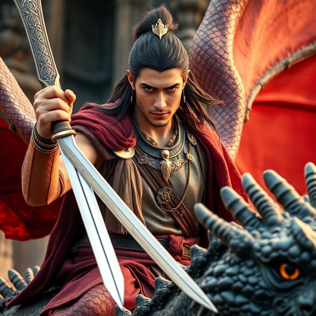 Ancient prince holding a sword and riding dragon, ultra realistic