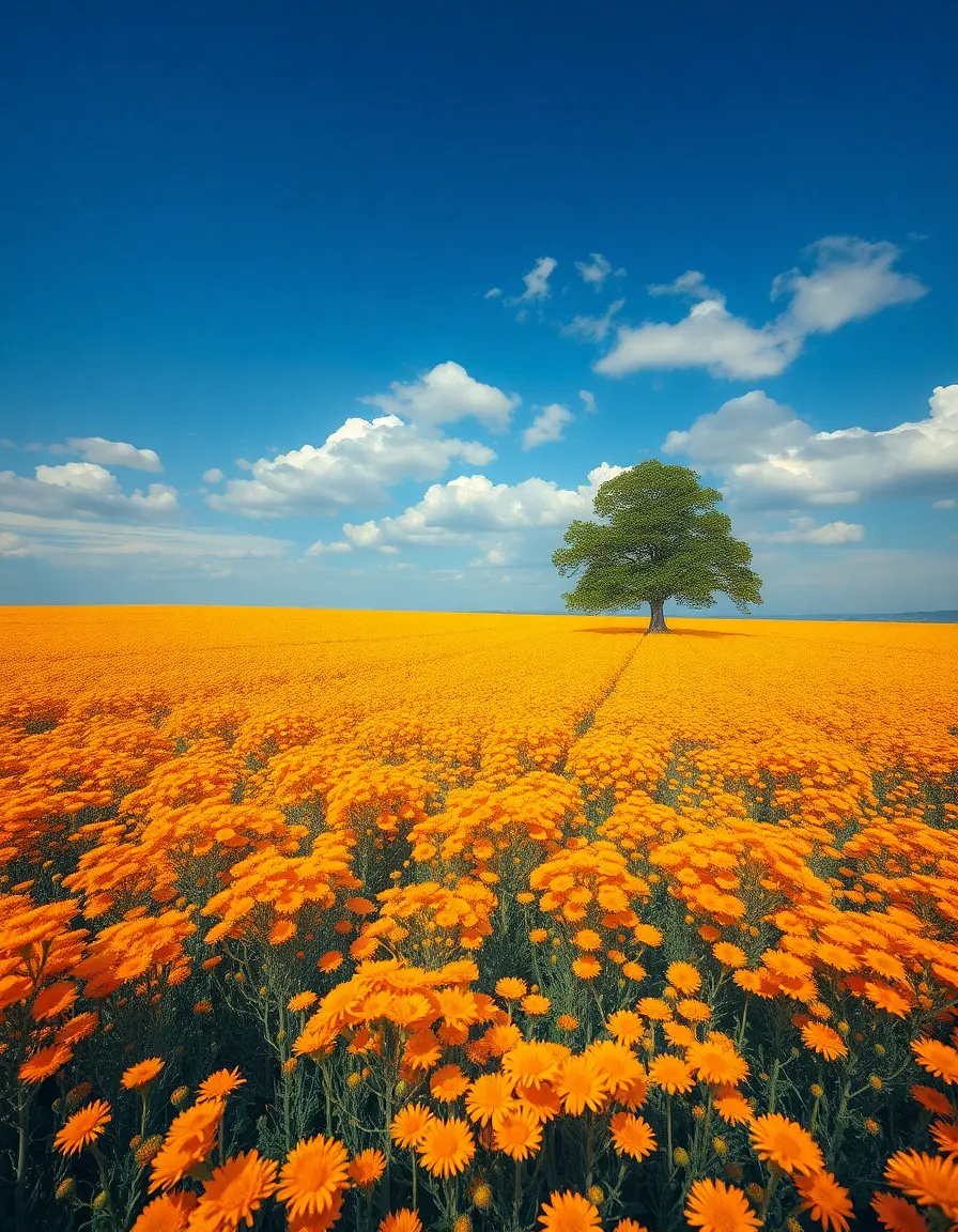 “Endless field of orange rapeseed under deep blue sky, single oak tree focal point, polarizing filter for vibrant contrast, oil painting