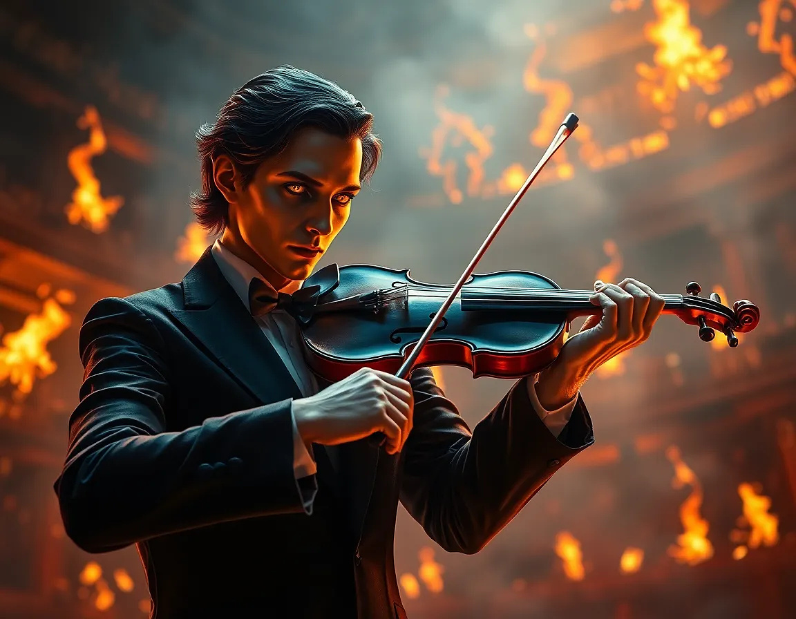 Phantom of the Opera-style figure playing a violin in a burning theater, flames frozen in time.  Phantom of the Opera-style figure playing a violin in a burning theater, flames frozen in time.