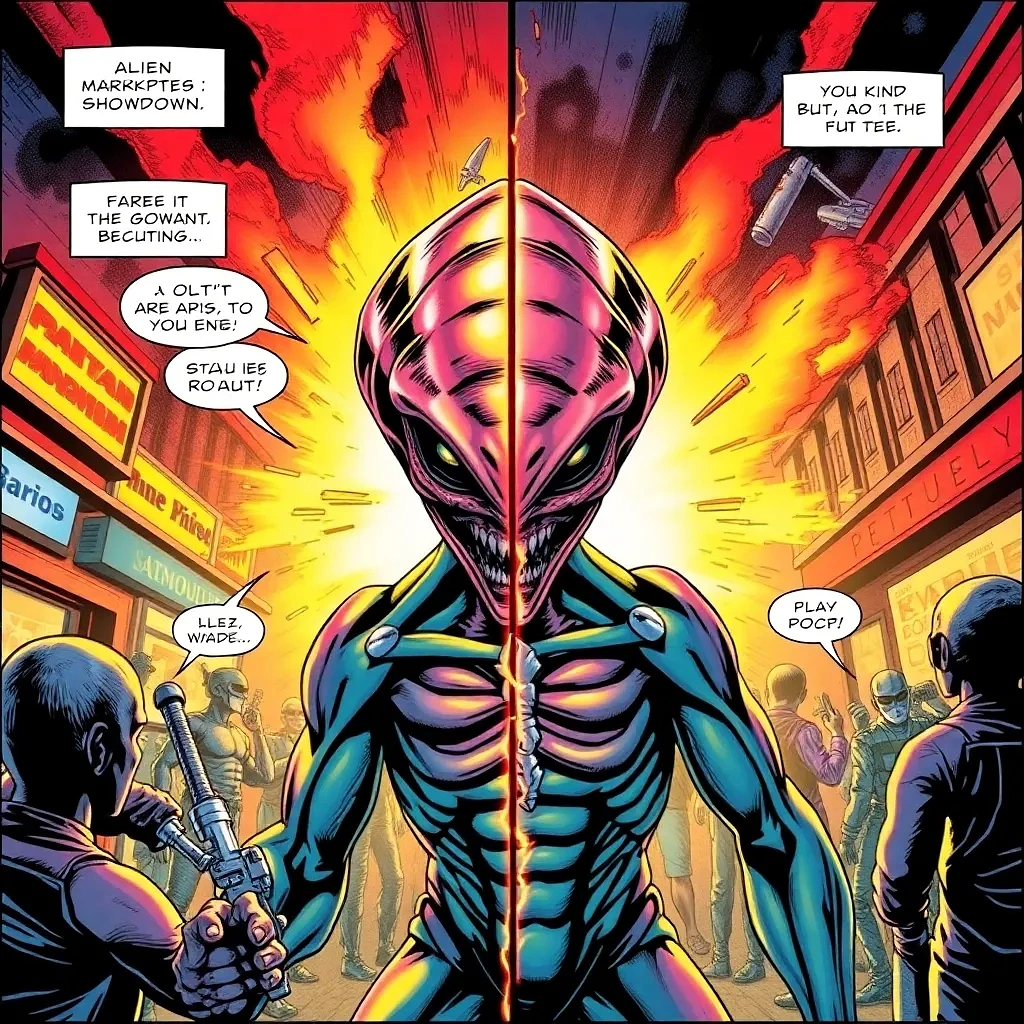 “Alien marketplace showdown” – split-panel layout, exaggerated foreshortening, explosive color pops