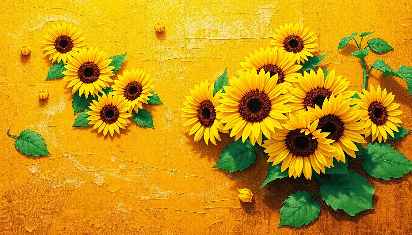 A vibrant acrylic-style painting of sunflowers drifting in a golden pond, bold brushstrokes, textured and expressive.