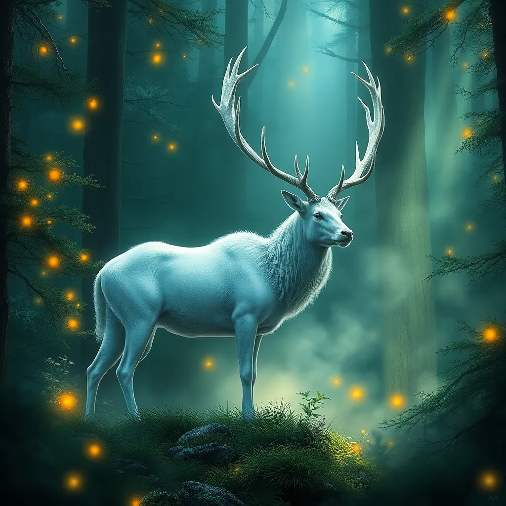 A mystical white stag standing in an enchanted forest, glowing fireflies and magical mist.