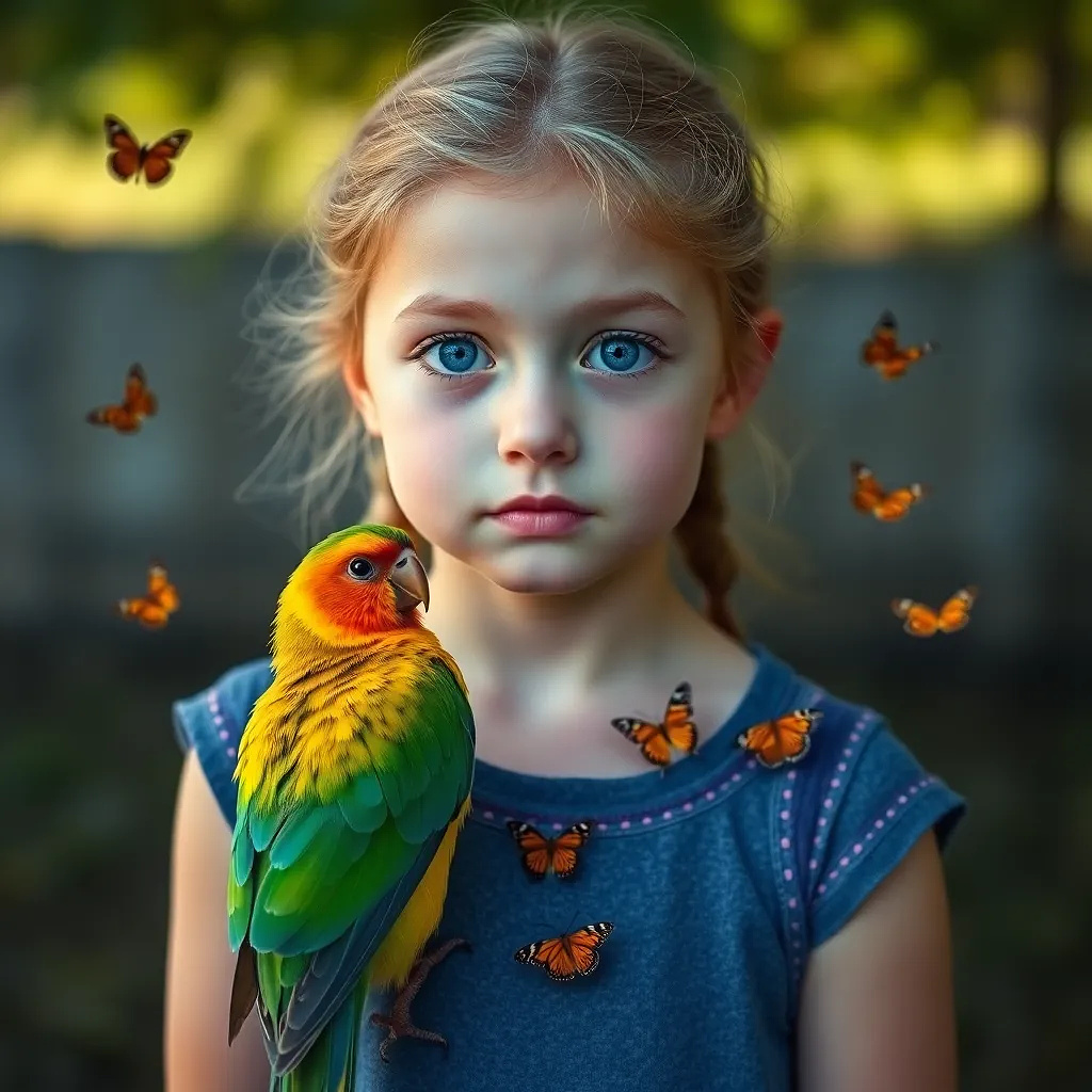 A very beautiful 8 year old girl with blue eyesk she is holding a colorful canary and butterflies around her