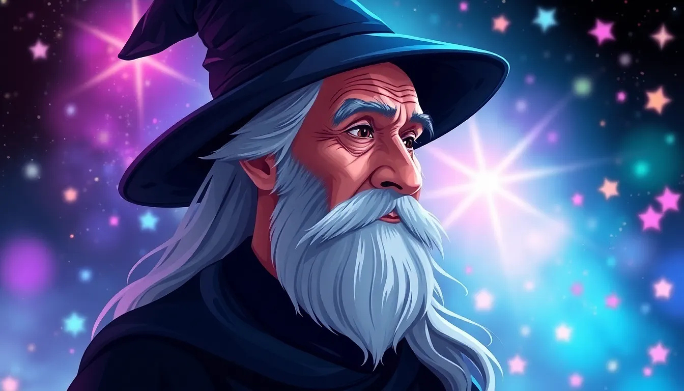 An elderly, light-skinned male wizard, likely of Middle-earth lore, is depicted in a stylized portrait.  He is in his late adult or elderly years, with a long, flowing, light blue-gray beard and hair.  He wears a dark-blue wide-brimmed hat. His expression is contemplative and wise, with a thoughtful gaze directed to the side, not directly at the viewer.  The subject's profile view emphasizes his strong jawline and features. He has prominent wrinkles around his eyes and mouth, suggesting his age. His attire is dark, possibly a robe or cloak underneath the hat.  The setting is a night sky filled with vibrant, glowing, colorful lights, like stars and sparks.  The background is a mix of deep blues, purples, and pinks, with light sources appearing to illuminate the wizard's face and hair. The lighting is dramatic and highlights the wizard's face and long hair. The style is illustrative, with bold outlines and vibrant color gradients, hinting at a fantasy or magical theme.  The image is in a three-quarter profile view, with the subject positioned slightly off-center to the left side of the frame.  The composition is focused on the wizard's face and emphasizes his wise and powerful presence.