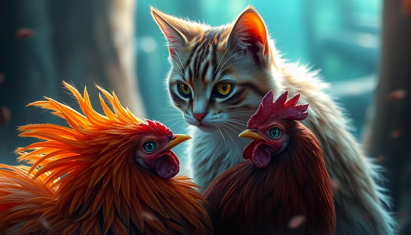 beautiful cat playing with a chiken