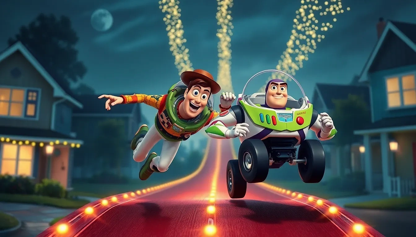 “Woody and Buzz Lightyear launching off a remote-control car ramp, suburban nightscape streaked with fairy lights, expressions of daring teamwork”