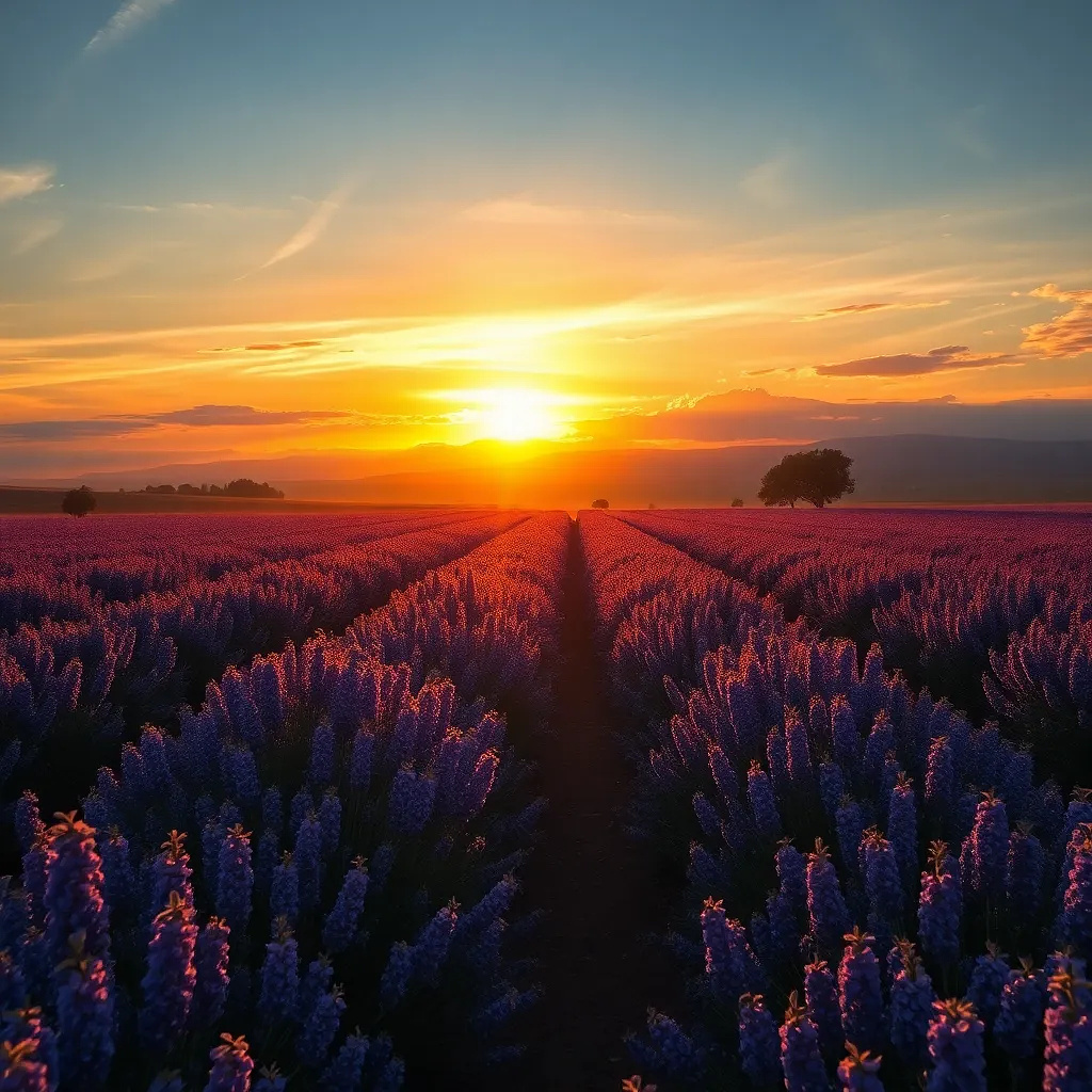 Sunset over the lavender fields in Provence, France — ultra-realistic, wide-angle landscape, soft golden light, lens flare, high-resolution DSLR capture.