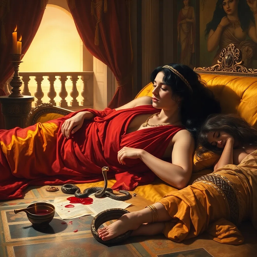 A dramatic, emotionally charged scene of Cleopatra VII's suicide in her Alexandrian palace, 30 BCE. The last Pharaoh of Egypt, a beautiful yet weary woman with Hellenistic features (copper skin, wavy black hair, a diadem resting askew on her brow), lies lifeless on a golden couch, draped in sheer crimson and gold linen. A small, venomous Egyptian cobra slithers away from her bare arm, its bite marked by twin punctures. Her hand clutches a rolled papyrus scroll—Caesar’s sealed letter—while a shattered goblet spills wine like blood onto the mosaic floor. Around her, two distraught handmaidens (one Nubian, one Greek) collapse in grief, their robes disheveled, one holding a discarded asp basket. The opulent chamber is bathed in torchlight, its Ptolemaic frescoes fading into shadow as dawn breaks through the balcony, symbolizing Rome’s impending conquest. The composition echoes Baroque paintings—rich colors, chiaroscuro lighting, and tragic grandeur.