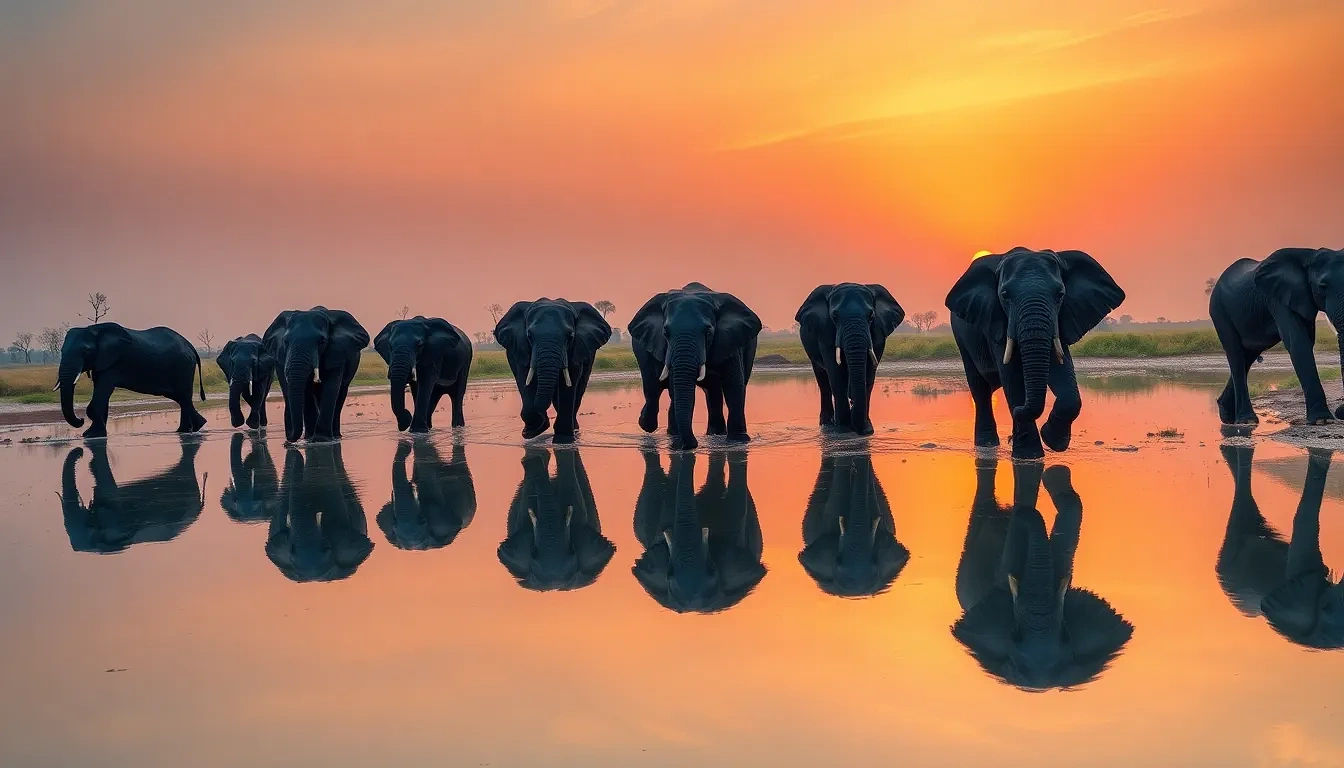 “Herd of elephants crossing a mirror-still waterhole at sunrise, amber sky reflecting on glassy surface, distant acacia silhouettes, 14 mm lens, photographic, panoramic view”