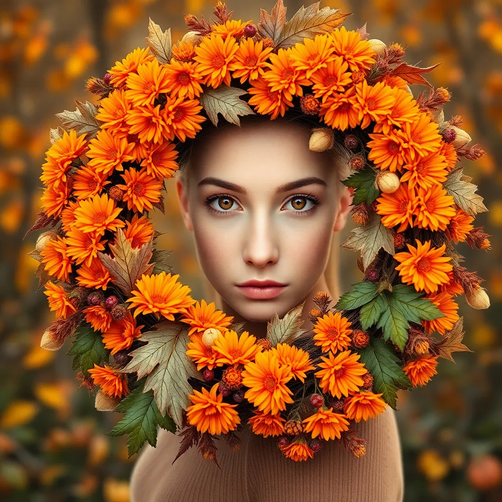 A cozy autumn wreath with orange marigolds, dried leaves, and berries, warm golden lighting.