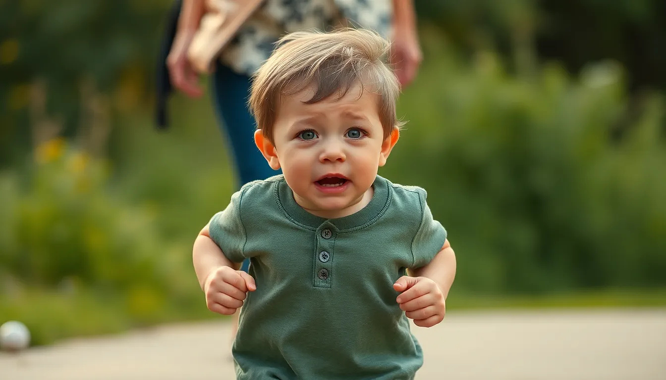 Little child crying and running after his mother