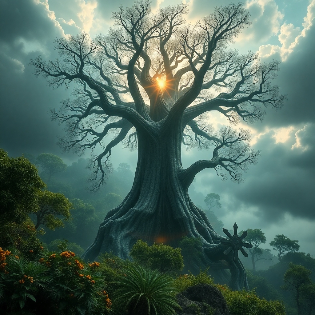 Strange tree in the forest. The sky is cloudy.
