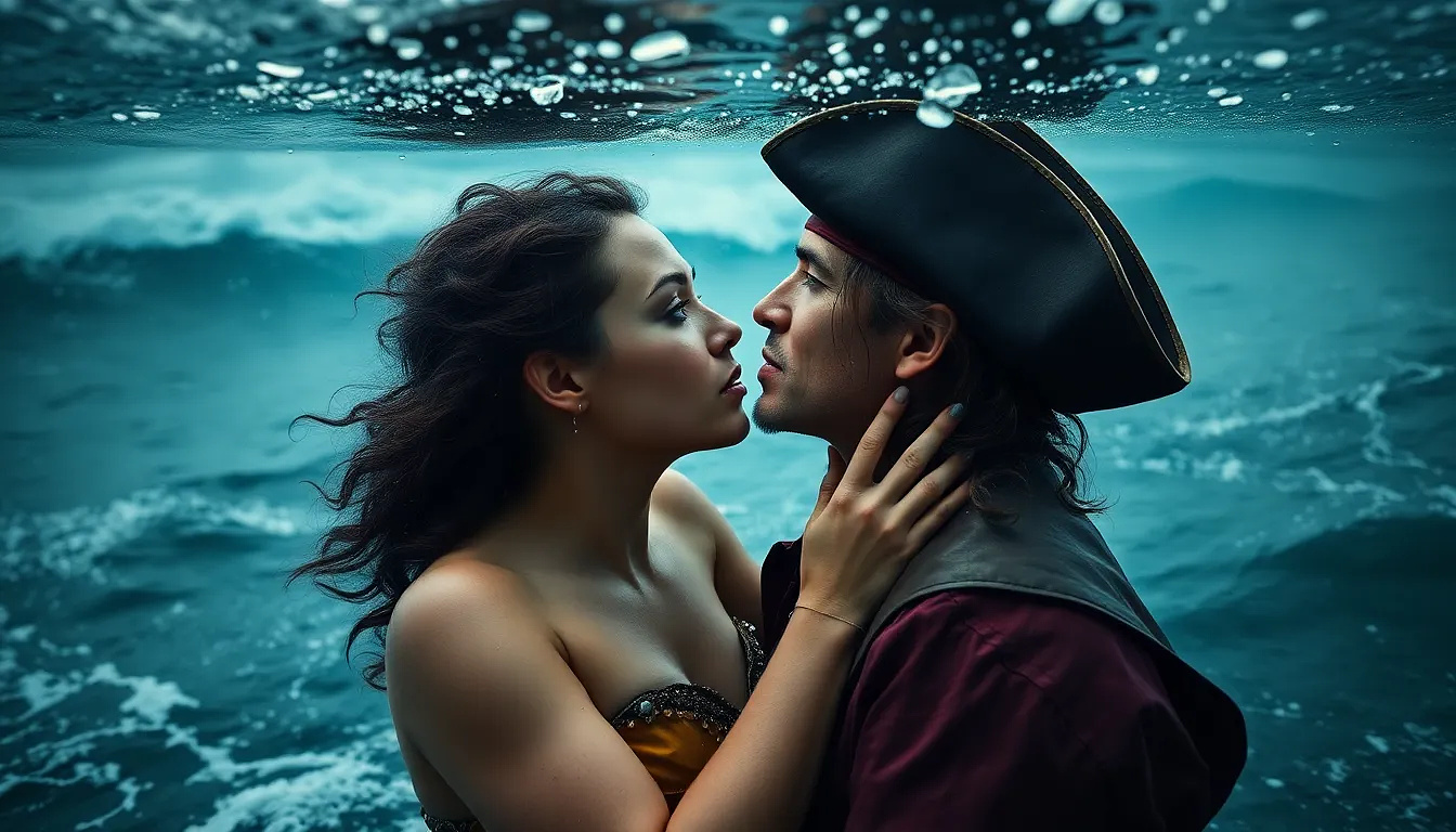 A mermaid and a pirate captain sharing a breath before she pulls him under the waves, storm raging above them.
