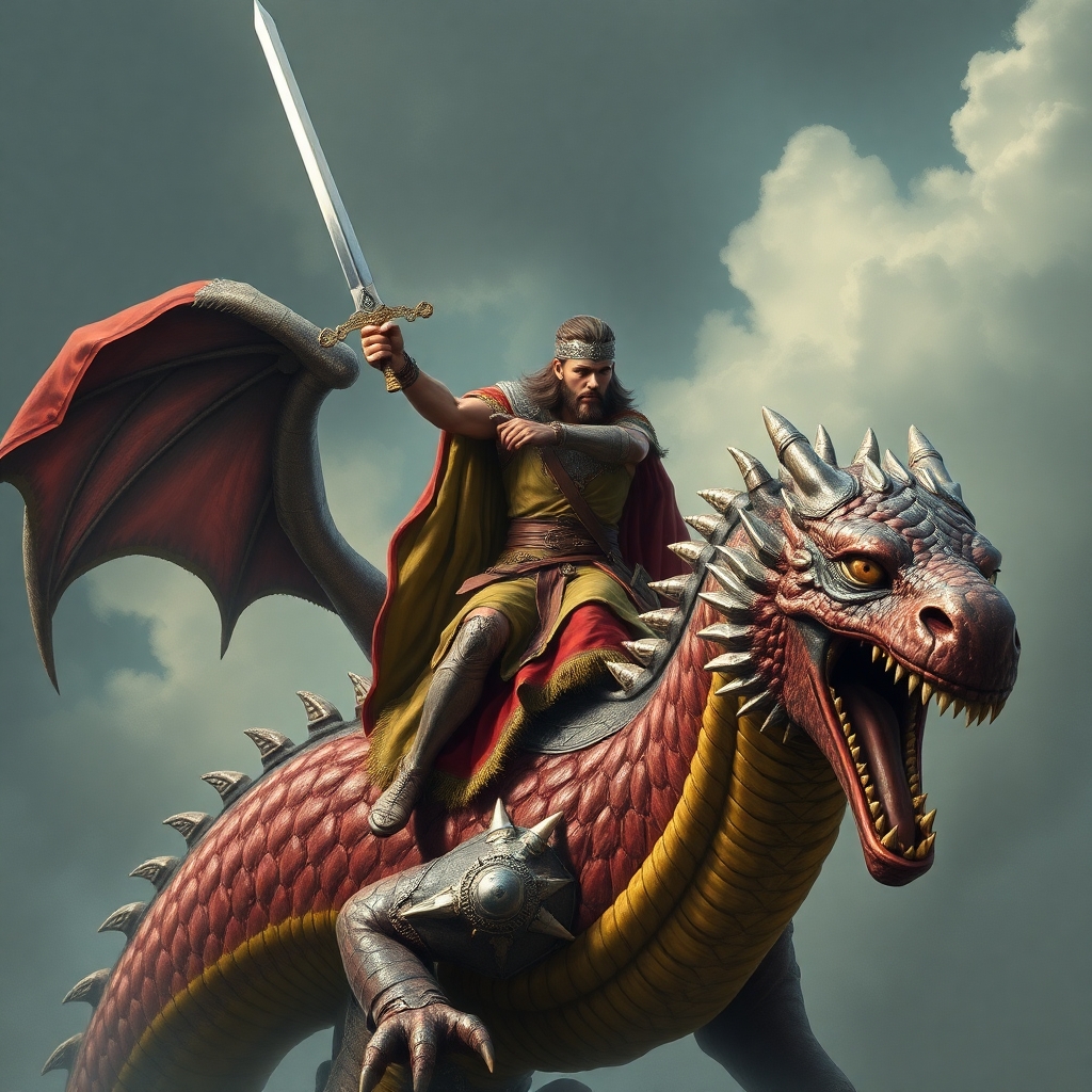 Ancient prince holding a sword and riding dragon, ultra realistic, medium shot