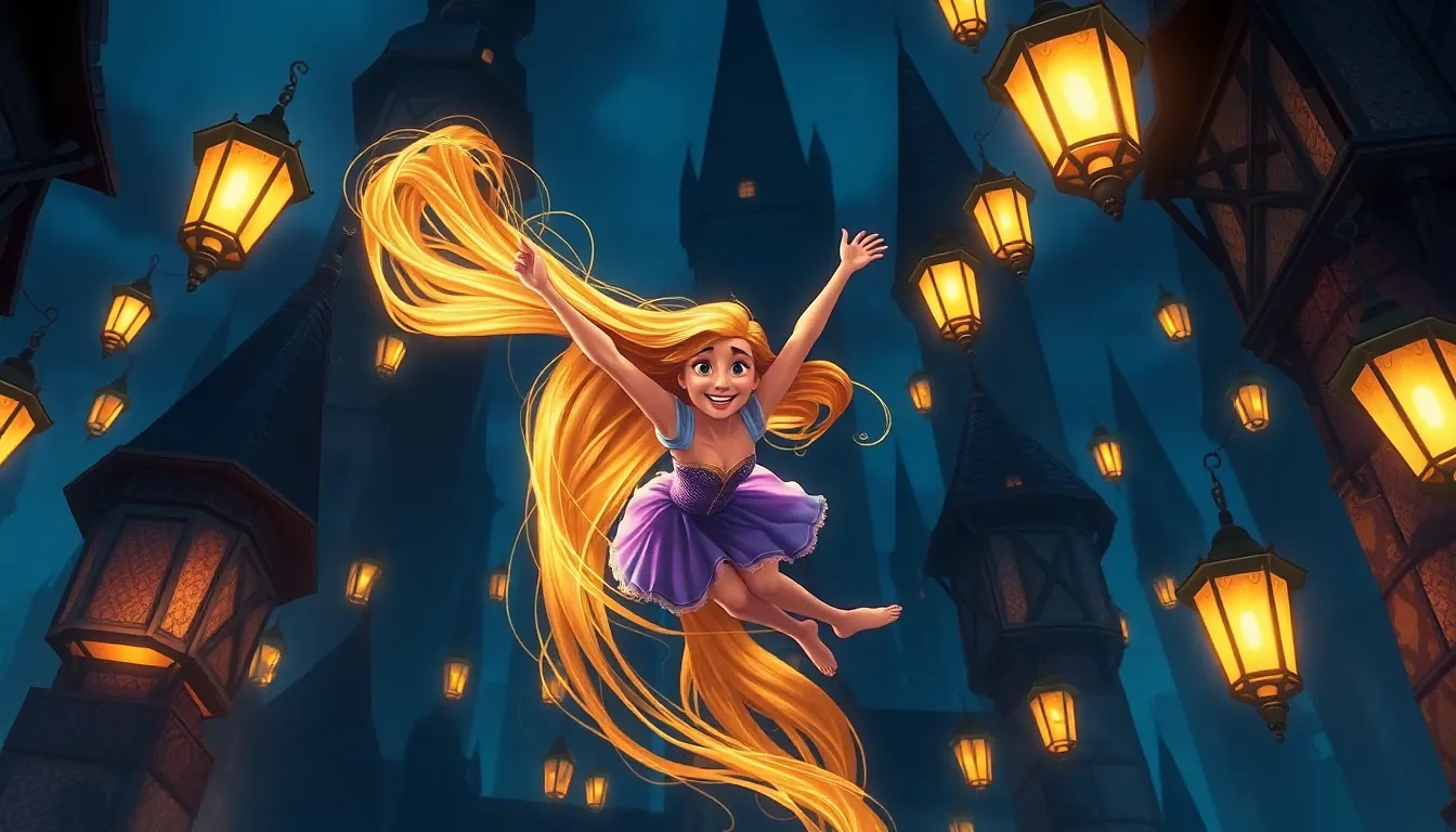 “Rapunzel swinging from her glowing hair between towering lantern-lit spires, joyful shout, Pascal clutching on, dynamic Dutch angle”