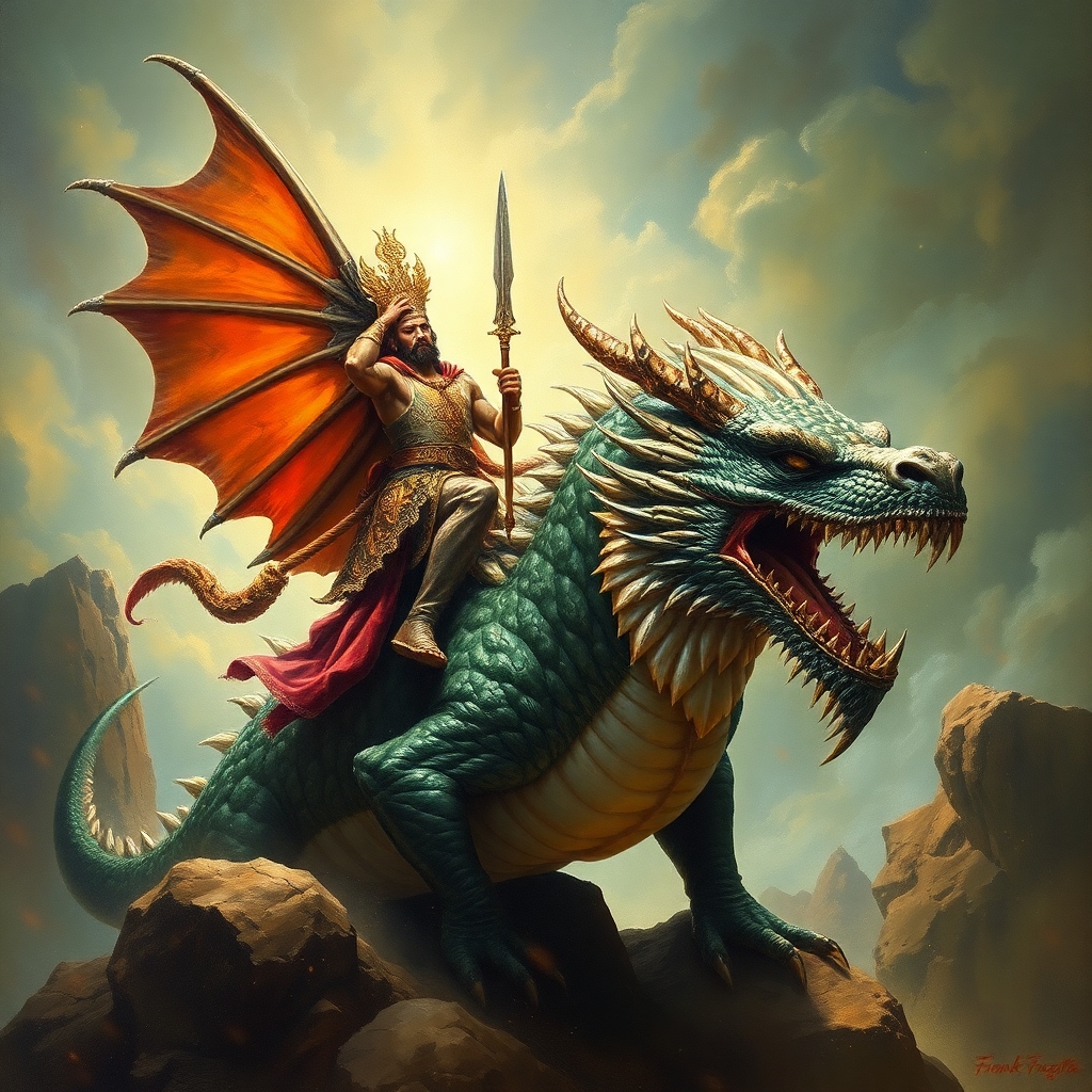 Glorious Ancient prince riding dragon, oil-paining, ultra-detailed