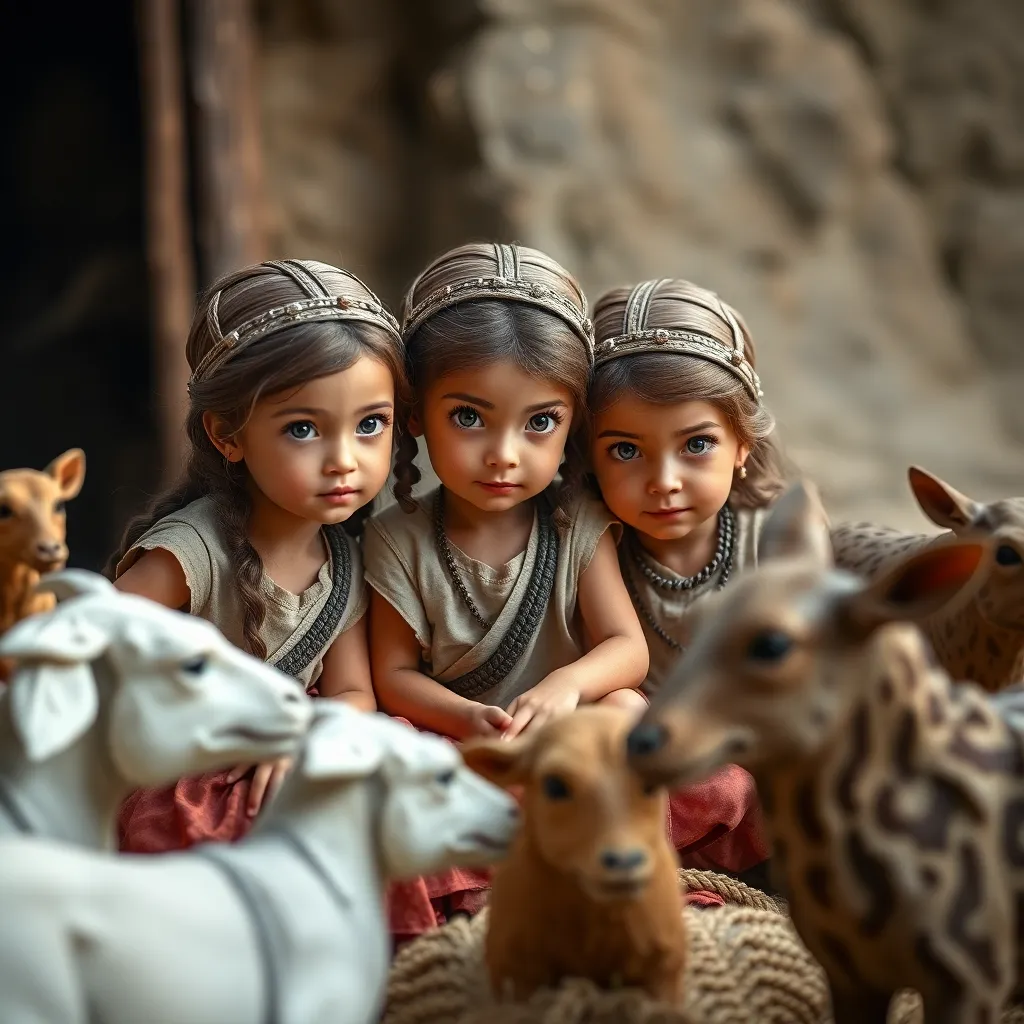 3 Little girls playing in the year 500 BC, realistic, domestic animals around the 3 girls