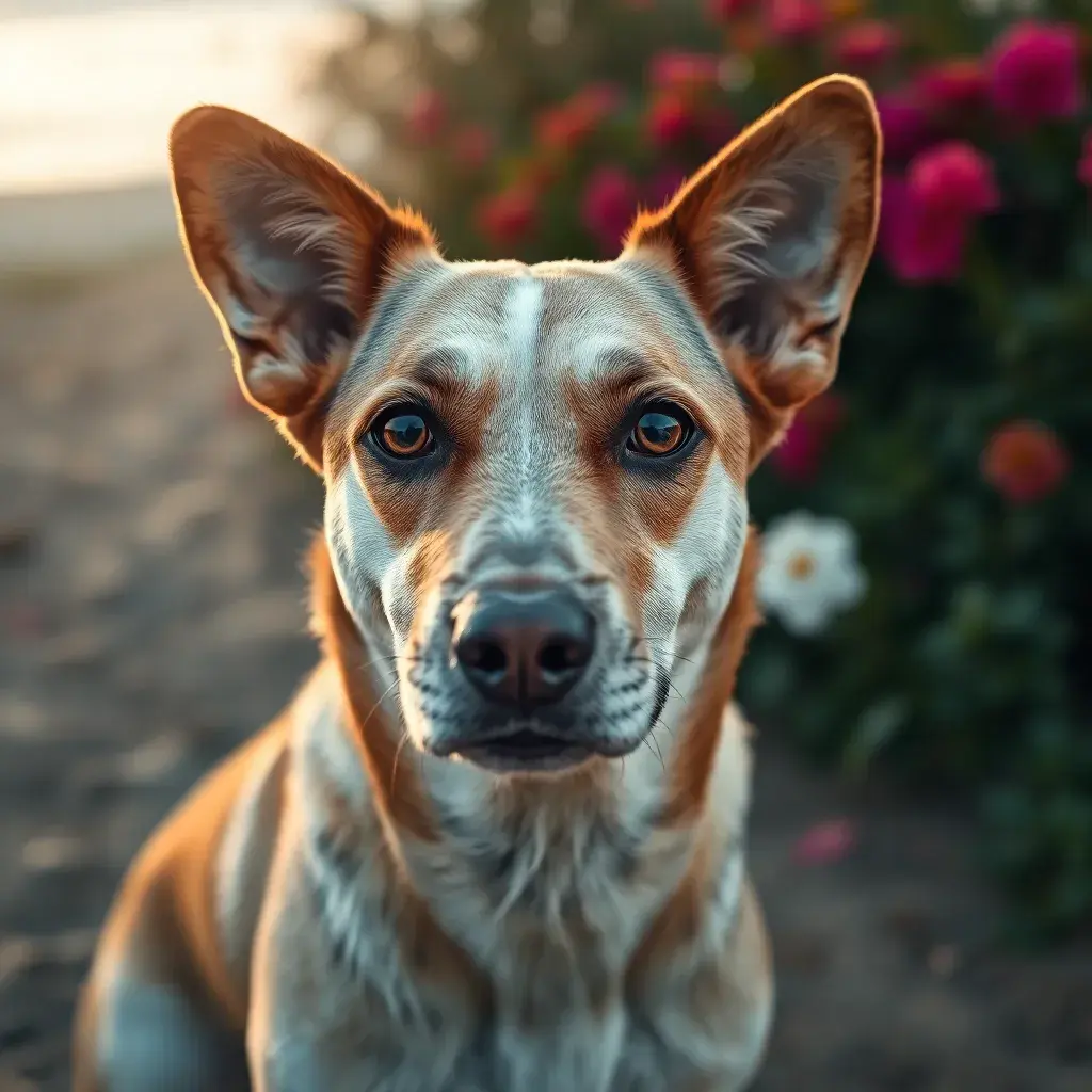 a dog in romantic view in the beach, background: garden in full view