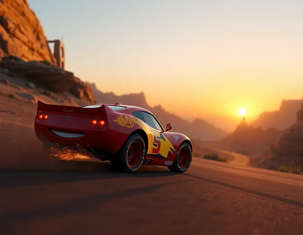 “Lightning McQueen drifting through a desert canyon hairpin, sparks flying off tires, sunset horizon ablaze, competitive grin”