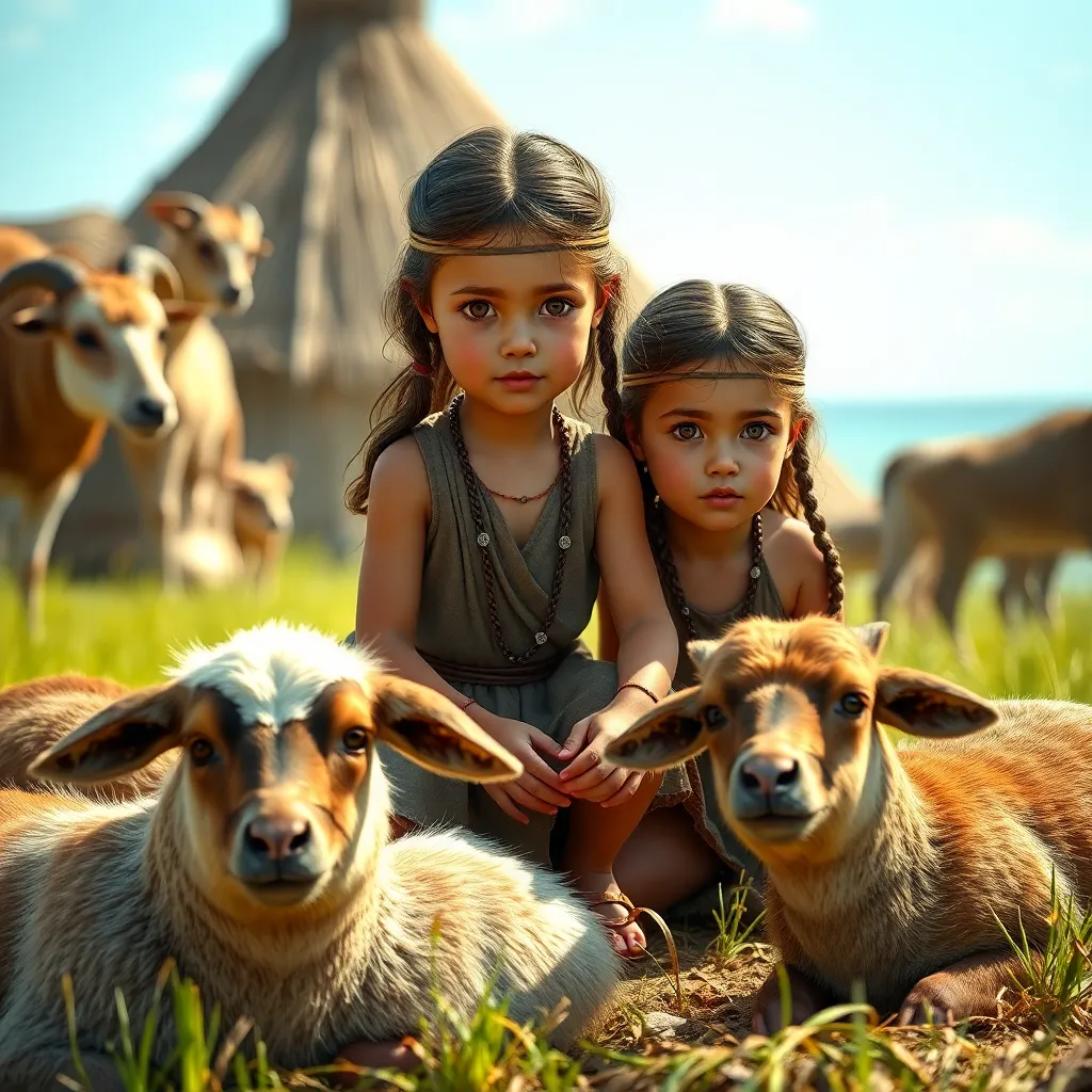 3 Little girls playing in the year 500 BC, realistic, domestic animals around the 3 girls