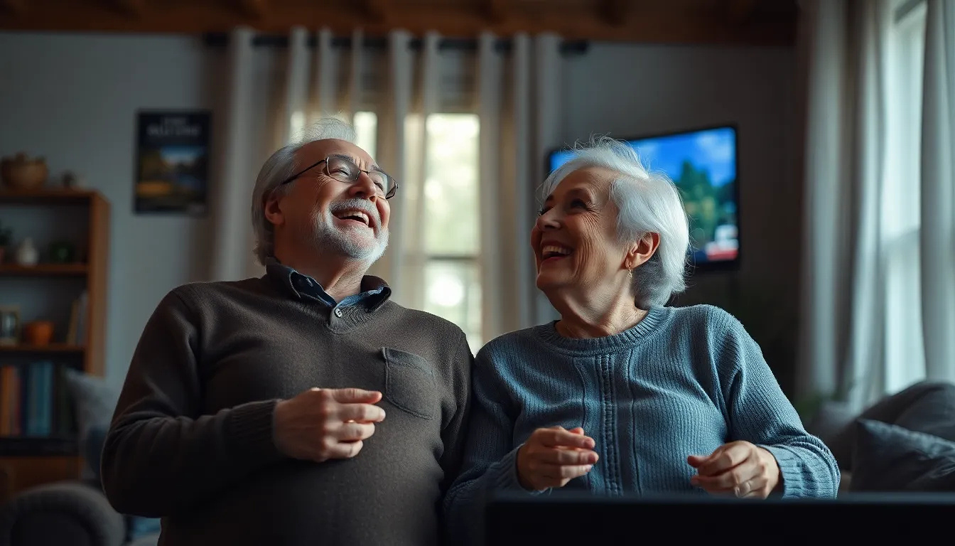 old couple laughing and watching tv