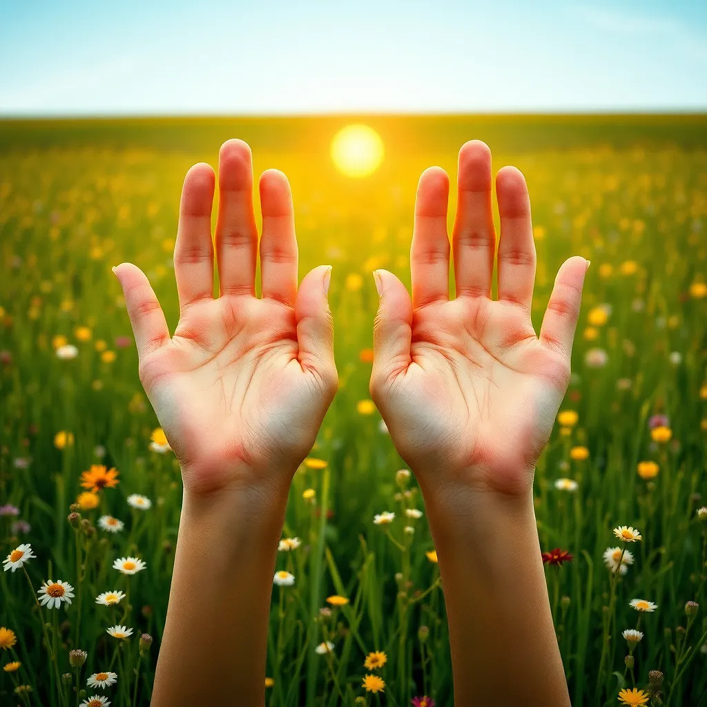 A meadow where flowers bloom in the shape of human hands, reaching for a sun that never moves.
