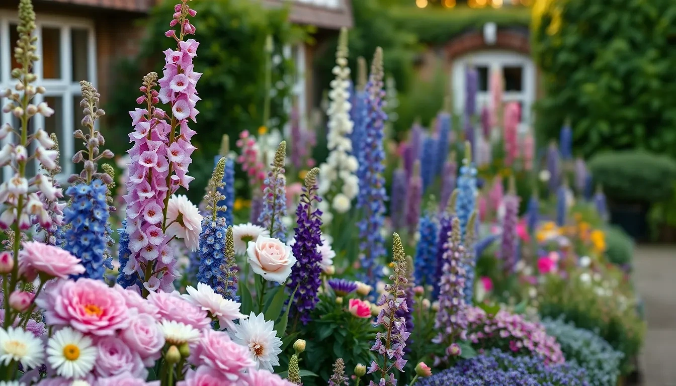 “Quintessential English cottage border overflowing with pastel David Austin roses, foxgloves, delphiniums, alliums, and trailing sweet peas, soft golden-hour backlight, photographic”