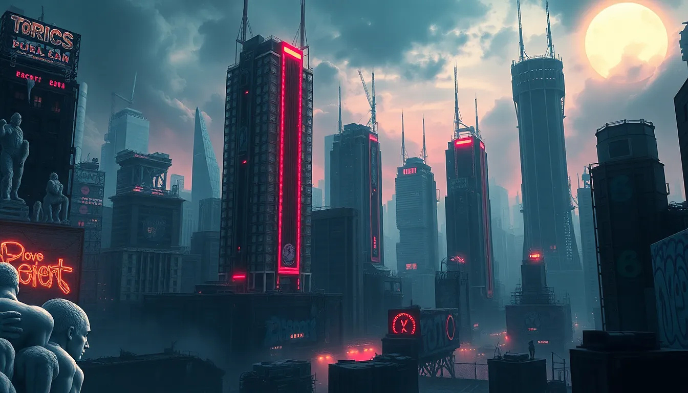 A dystopian city where skyscrapers are made of ice, slowly melting under a black sun while neon graffiti rebels rewrite reality.