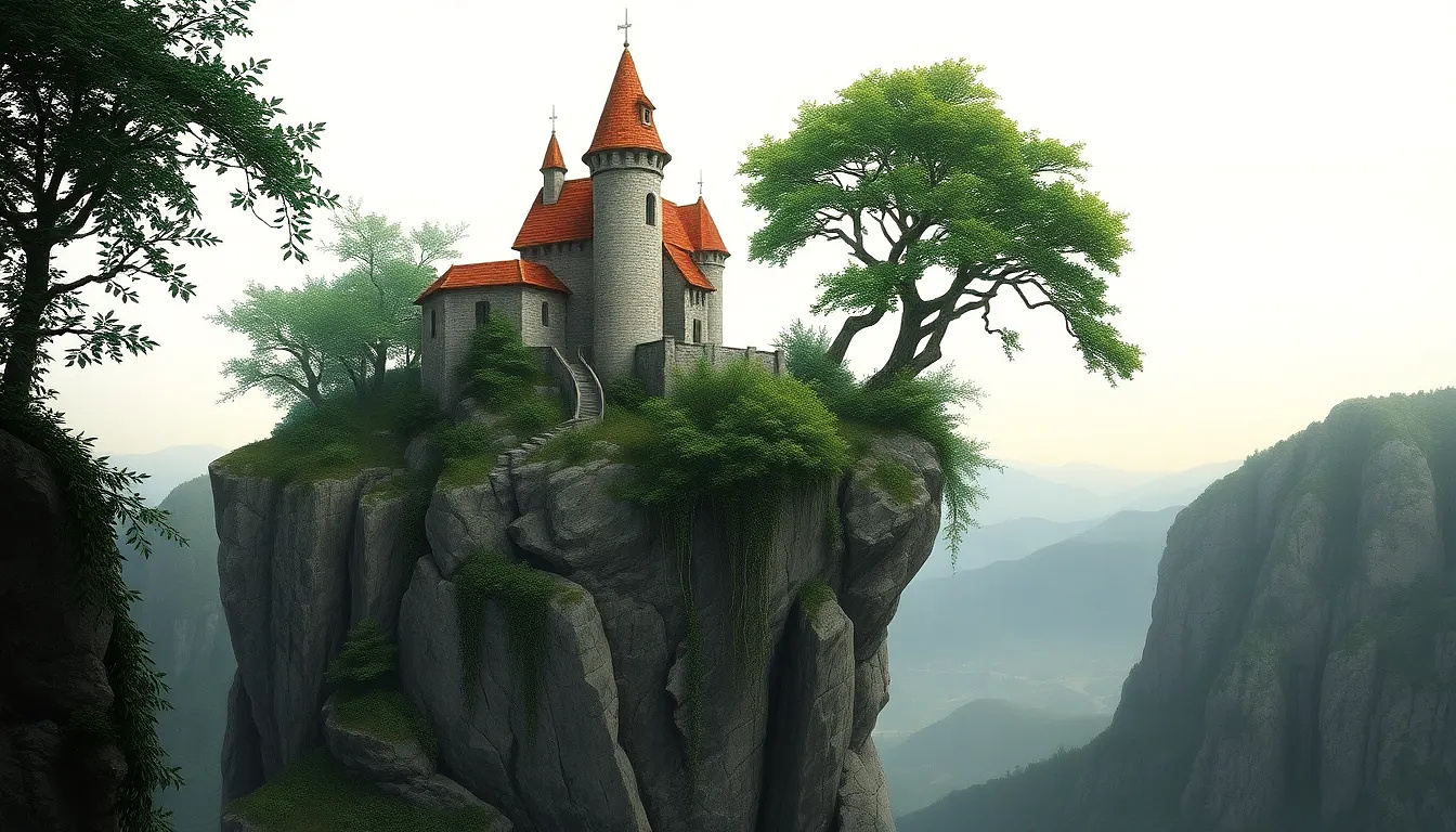 A fairytale castle perched atop a dramatic cliff face.  The castle, with terracotta-colored roofs and light gray stone walls, has two small, pointed towers.  Trees, lush and full of foliage, grow from the cliff's edge and around the castle's perimeter.  The cliff face is rugged and uneven, with rocky outcroppings and cascading plant life that seem to hang from the edge.  The cliff extends outward over a valley, with distant hills and a pale sky visible beyond. The lighting suggests a serene, daytime atmosphere with soft, diffused light.  The overall composition is symmetrical with the castle centered on the cliff, showcasing a sense of otherworldly beauty and fantasy.  The perspective is a slightly high angle, looking down on the castle and cliff, emphasizing its precarious position.  The colors are muted and harmonious, with shades of gray, brown, green, and terracotta.  The style is artistic and evocative of a fantasy landscape, blending realistic elements with a touch of whimsy.
