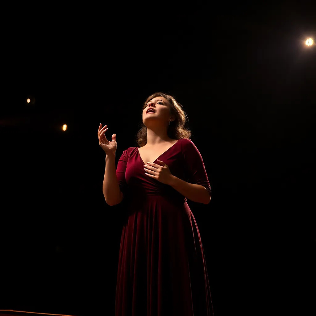 Opera singer mid-aria, emotions raw, spotlight isolating them on stage as the audience fades into darkness.