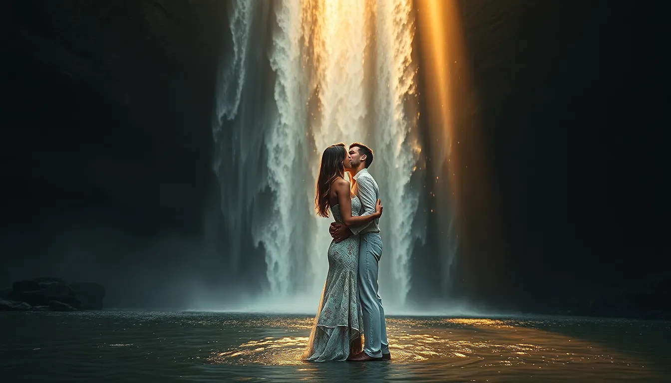 Lovers kissing under a waterfall, golden light filtering through the mist, their hands intertwined, dreamy and soft focus.