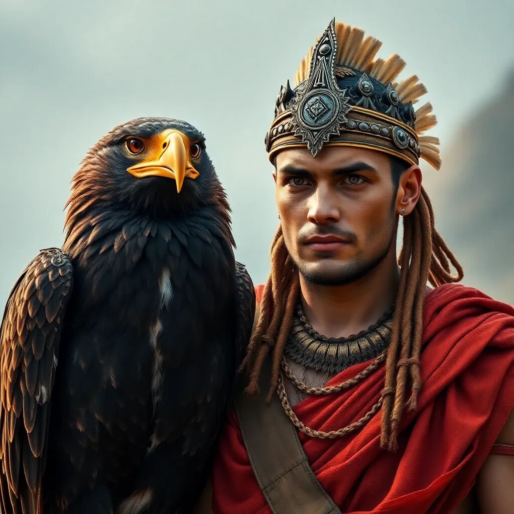 Ancient warrior with his eagle, full view, full body, full camera shot