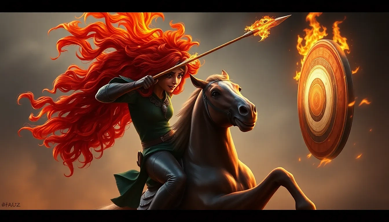 Merida loosing a flaming arrow that splinters a target mid-gallop, stallion rearing, her hair a wild crimson blaze, fierce independence