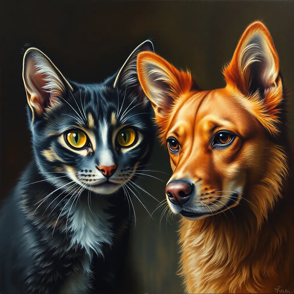 cat and dogs oil painting