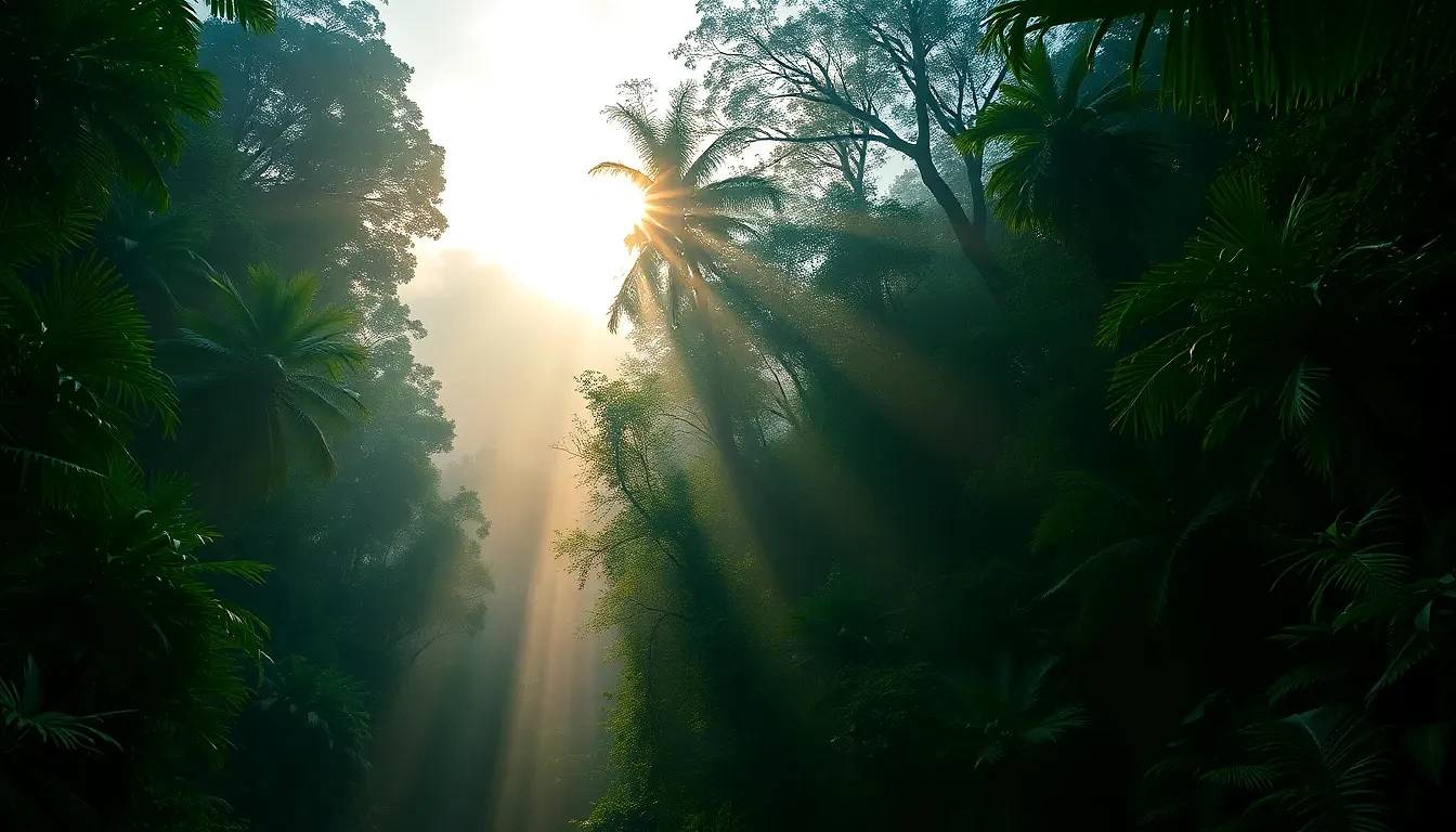 “Dense emerald rainforest with towering kapok trees, sunbeams piercing fog, wide-angle 16 mm, rich HDR tones, photographic”