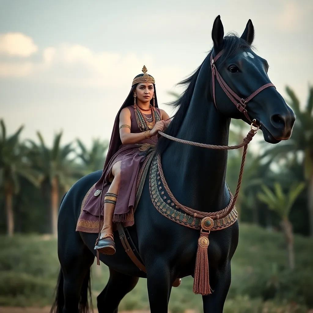 princess of egypt riding black horse in the year 2400 BC