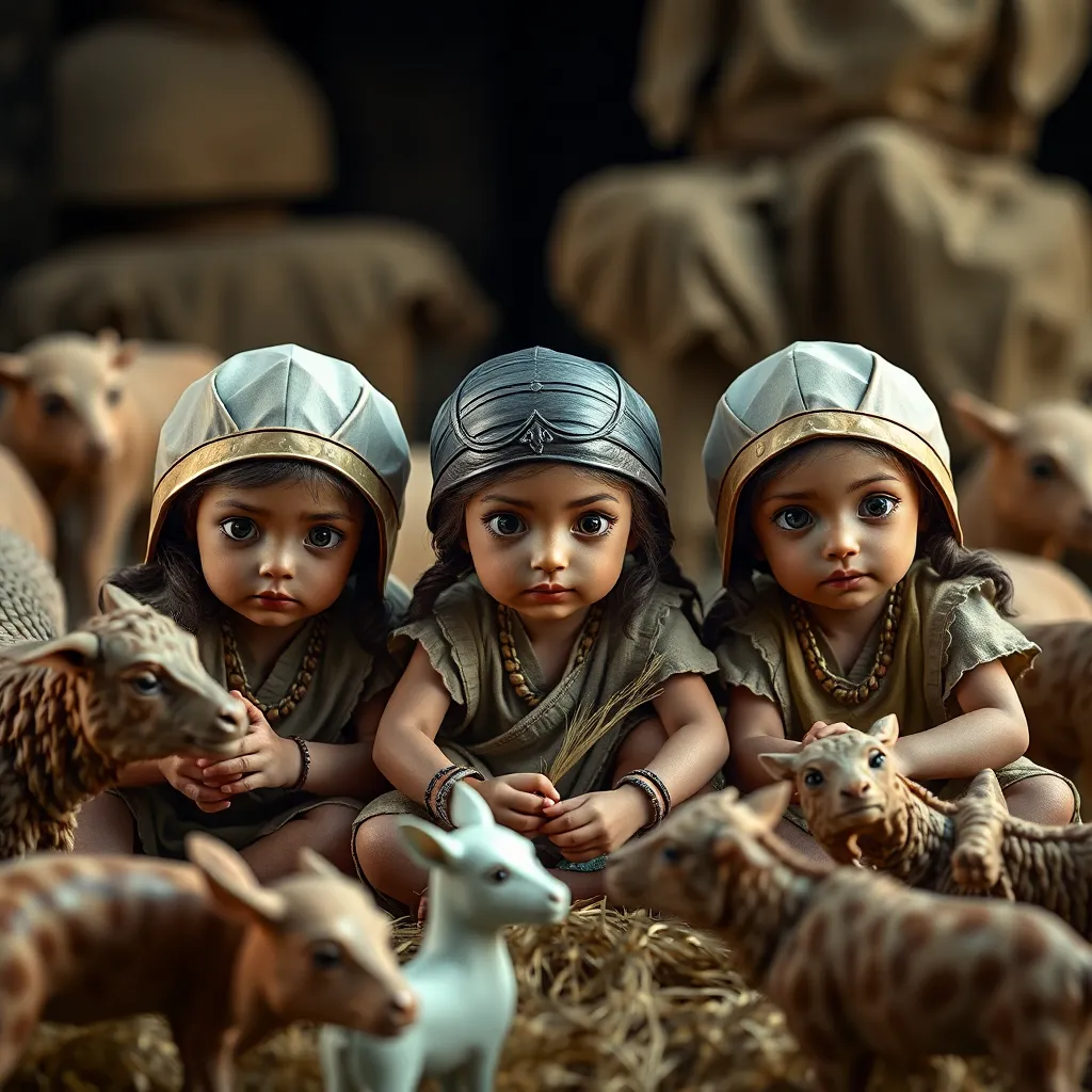 3 Little girls playing in the year 500 BC, realistic, domestic animals around the 3 girls