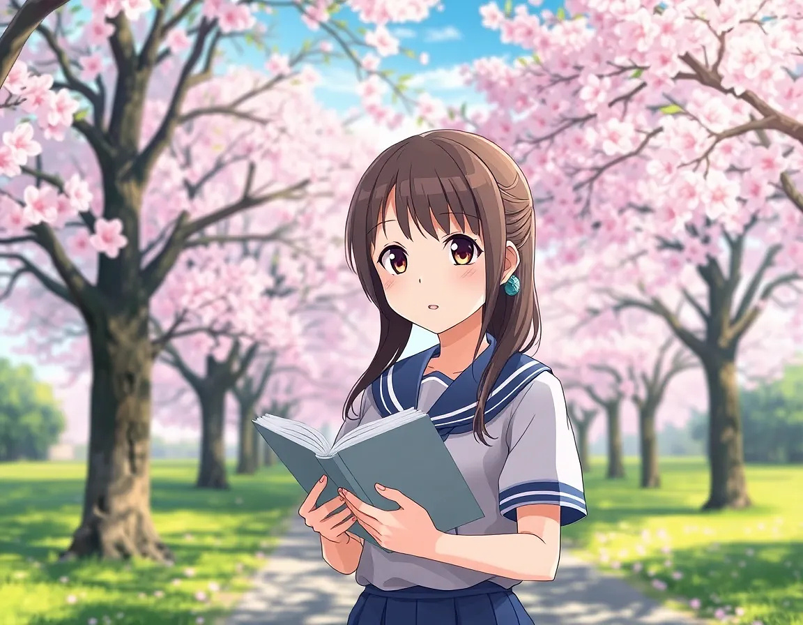 A peaceful cherry blossom park during spring, anime style, soft pastel colors, young girl in school uniform holding a book under the trees, serene atmosphere.