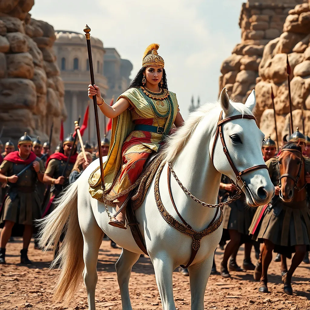 The beutiful Cleopatra riding his white horse and giving orders to his strong army.